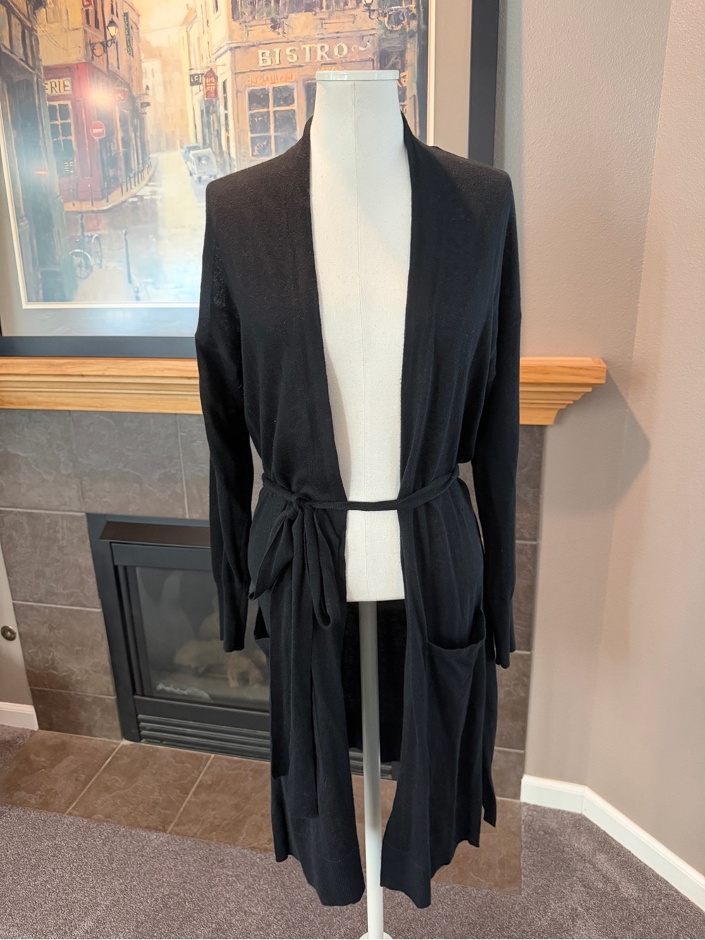 LOFT Black Knit Open Linen Cardigan with Tie Belt